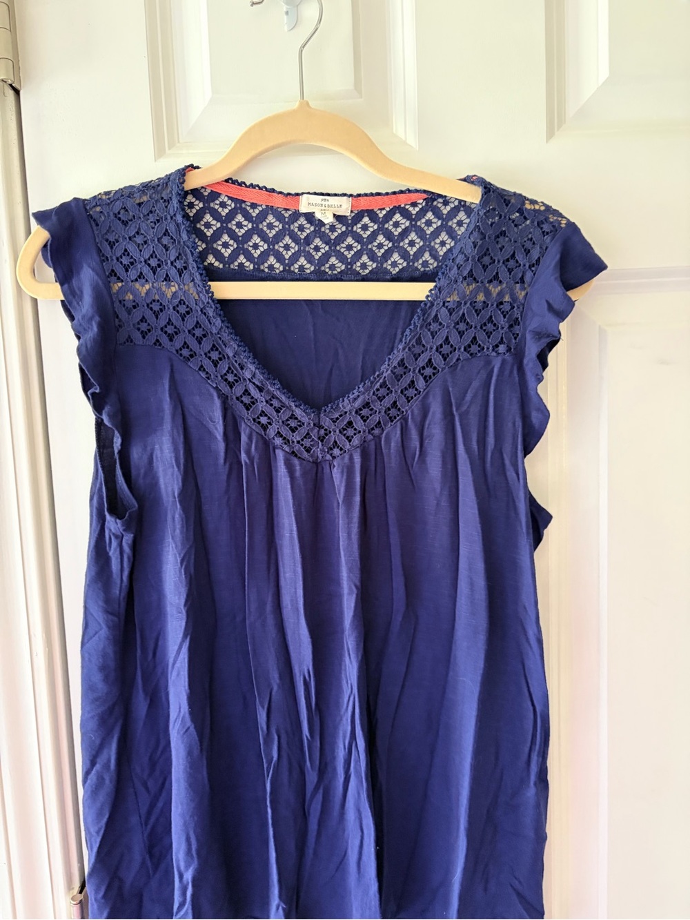 Blue Lace Yoke V-Neck Top